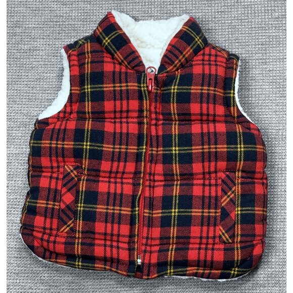 Old Navy Other - Old Navy Baby Flannel Quilted Vest Red Black Plaid Sherpa Lined Full Zip 0-3 Mo